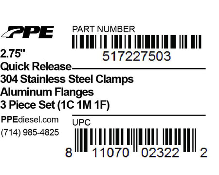 2.75 Inch QR Aluminum V-Band 3 Pc Set 1C 1M 1F PPE Diesel