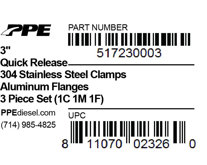 3.0 Inch QR Aluminum V-Band 3 Pc Set 1C 1M 1F PPE Diesel